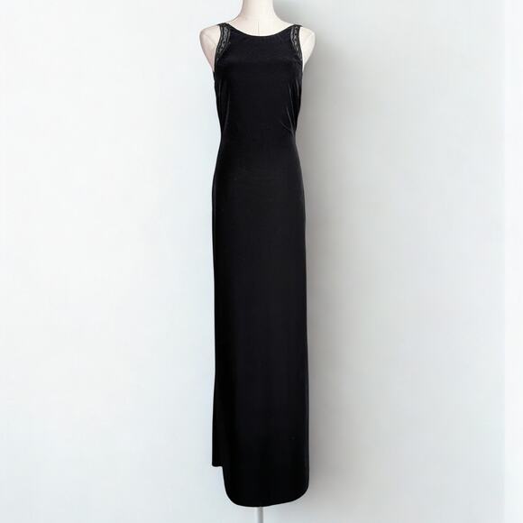 RIMINI Black Velvet Sequin Beaded Lace Trim Sleeveless Maxi Evening Dress Size 2 - Picture 1 of 7